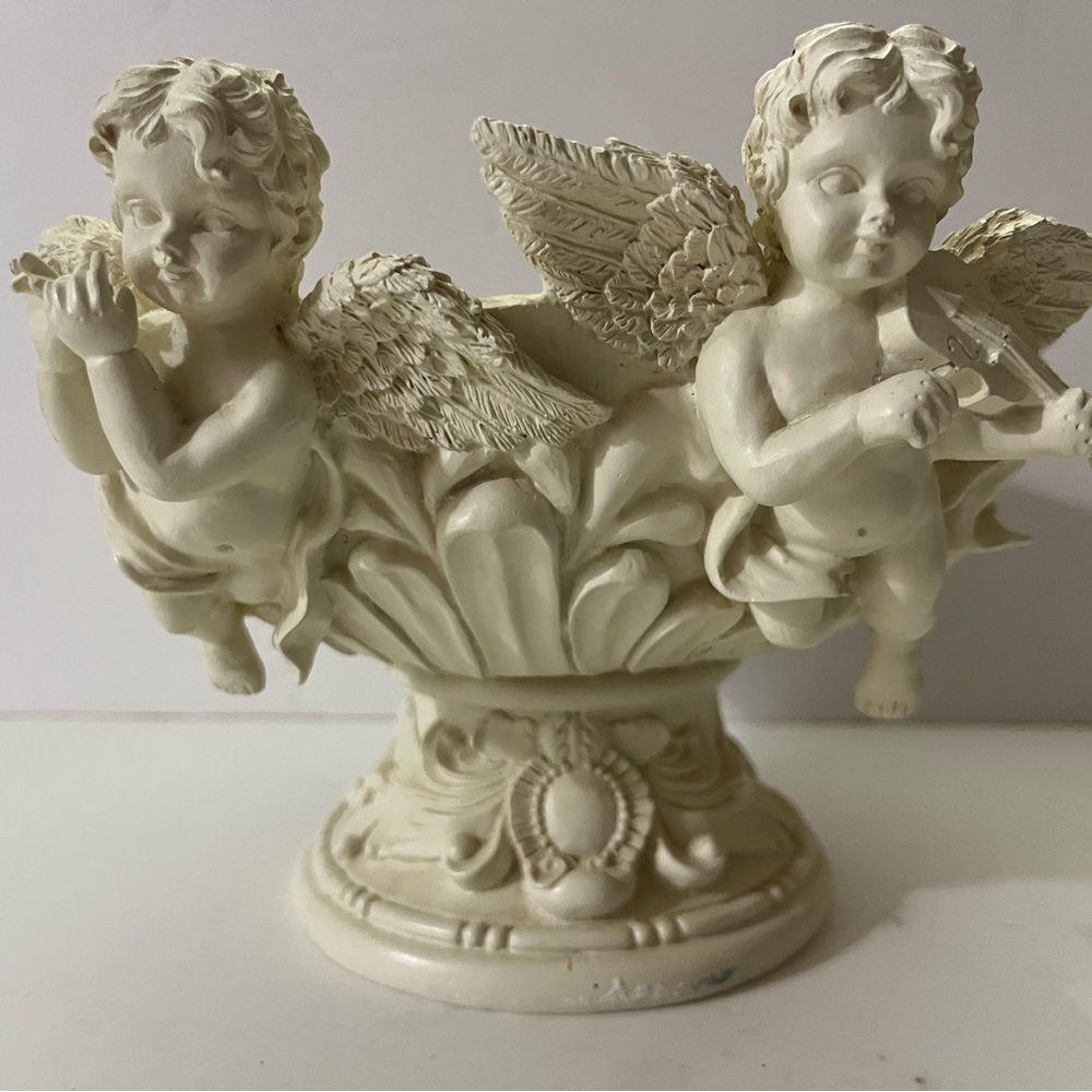3 piece set, Cherub Angel Sculpture Pedestal Bowl Ivory Ceramic Bisque + 2 small